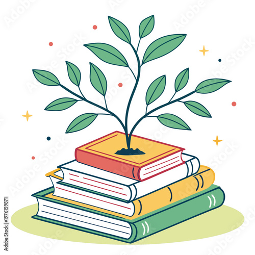 Sapling grows from pile of books representing knowledge expansion learning education and concept of academic development and intellectual curiosity discovery.