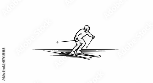 Black and white sketch of a skier descending a snowy slope