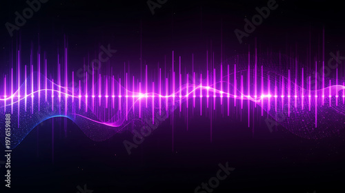 Purple sound wave graphic with bright pink and blue neon lights on dark background