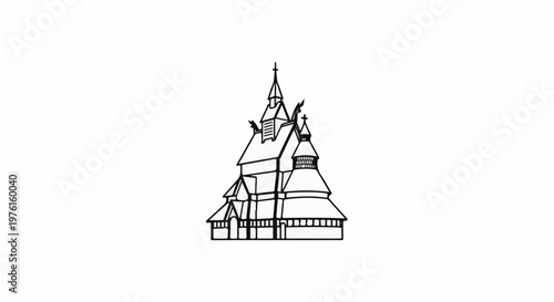 Ornate wooden church with multiple peaked roofs and spires