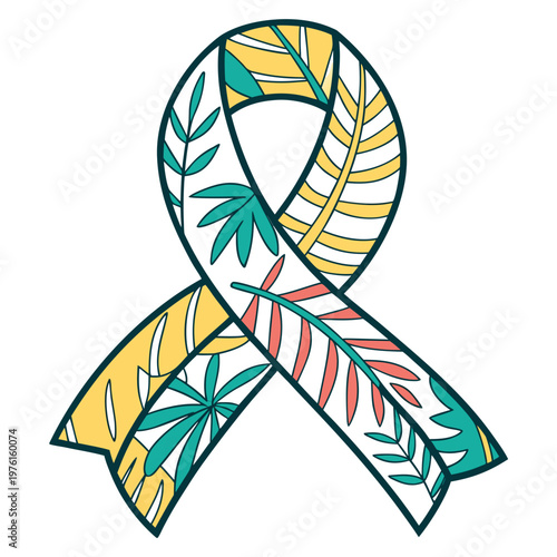 Decorative awareness ribbon patterned with tropical leaves and vibrant color accents symbolizing hope and support for health causes and environmental awareness.