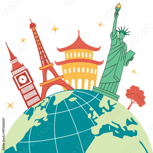 World travel landmarks on a globe featuring big ben, eiffel tower, a pagoda, and the statue of liberty.