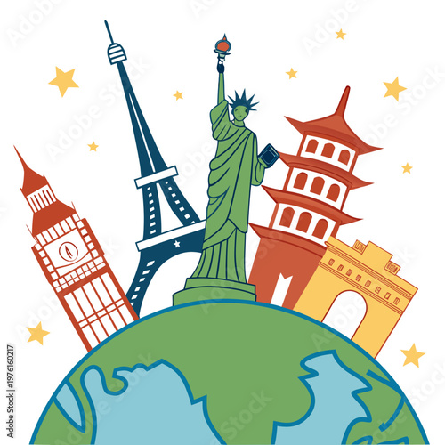 World famous travel destinations globe concept with eiffel tower, statue of liberty, big ben, oriental pagoda, and triumphal arch.