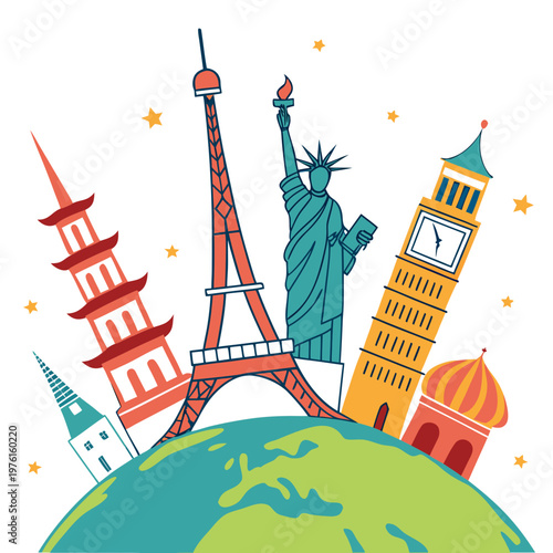 World travel famous landmarks on globe featuring eiffel tower, statue of liberty, big ben, and a pagoda.