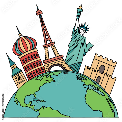 Global landmarks illustration featuring kremlin cathedral eiffel tower and statue of liberty on green earth globe depicting world travel and tourism.