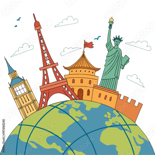 Creative world travel vector with eiffel tower statue of liberty big ben and great wall on earth globe against white background with clouds and birds.