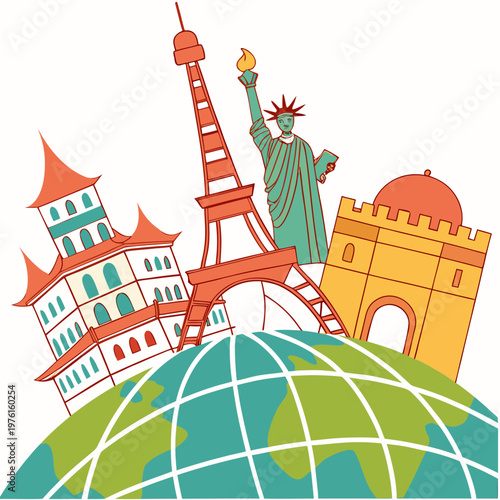 Colorful travel vector illustration of world globe with eiffel tower statue of liberty and asian palace representing global tourism and vacations.