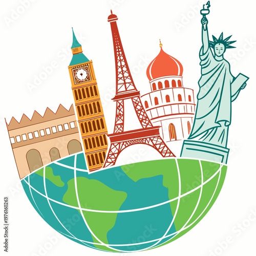 Detailed world travel illustration showing big ben eiffel tower and statue of liberty on top of earth globe for international tourism marketing art.