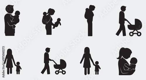 A collection of silhouetted figures depicting parents with children in various caring and interactive scenarios