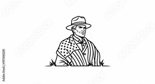 Patriot man in hat and flag draped over shoulders, bold outline