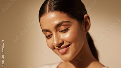 Beautiful young woman with radiant skin and natural makeup in warm golden hour sunlight for beauty and skincare concept.