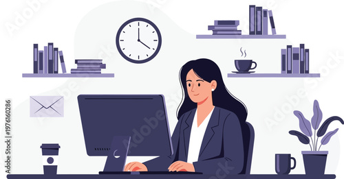 Professional businesswoman working at computer desk flat vector illustration.