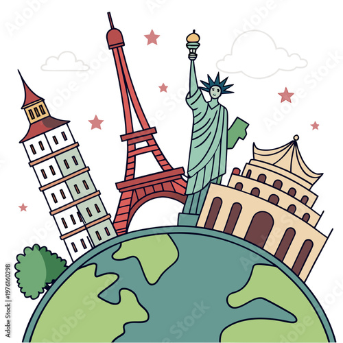 Cartoon vector world travel illustration featuring famous global landmarks like eiffel tower statue of liberty leaning tower of pisa on green globe.