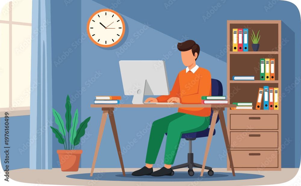 Fototapeta premium Young man working on computer at home office desk flat vector illustration.