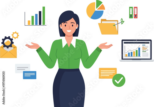 Professional woman managing business data and workflow flat vector illustration.