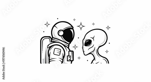 Astronaut and alien face off amidst sparkling stars in a cosmic encounter