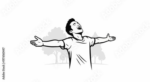 Man with arms outstretched joyfully in a park setting