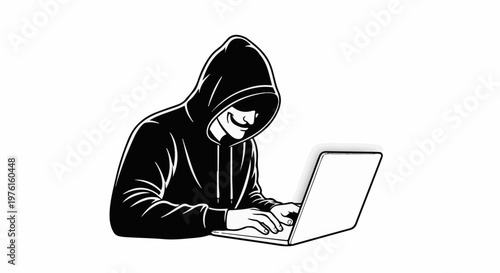 Anonymous figure in a hooded sweatshirt typing on a laptop