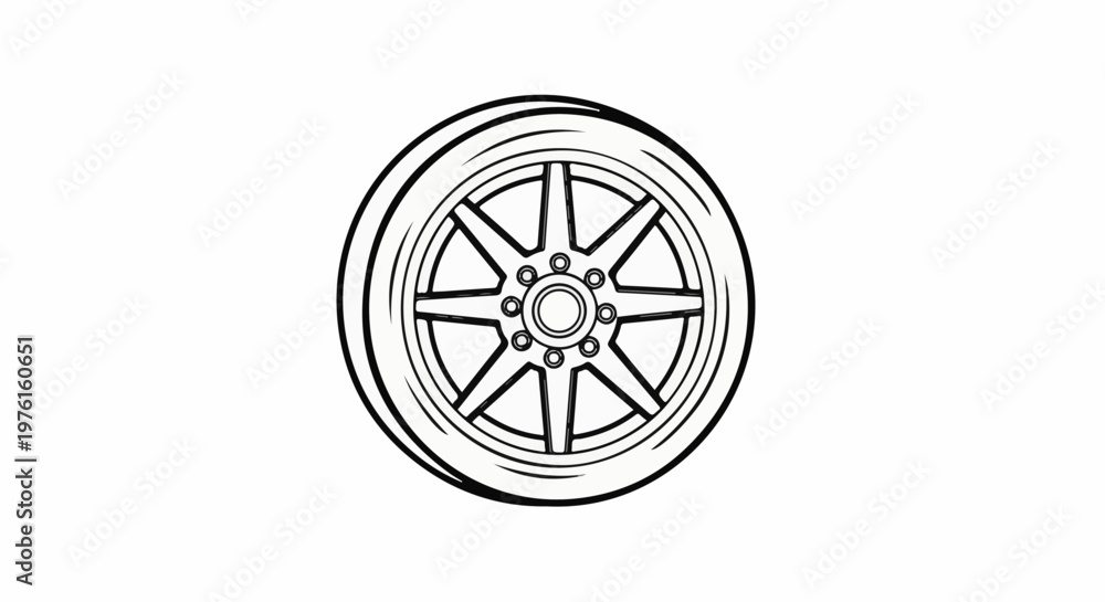 Fototapeta premium Simple black and white illustration of a car wheel with a tire