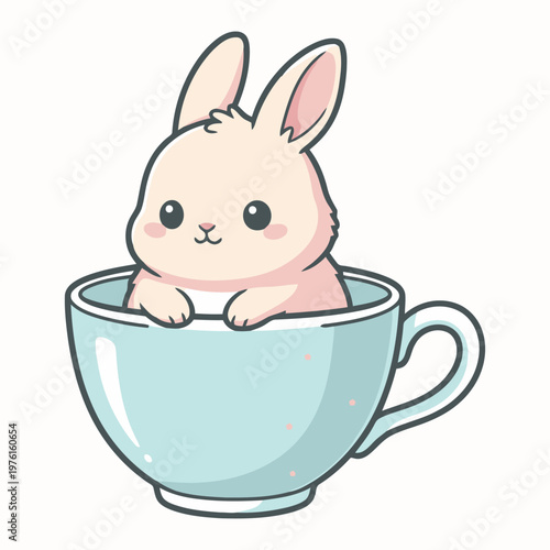 Cute cartoon bunny baby sitting in a bowl and cup filled with milk in a playful spring illustration