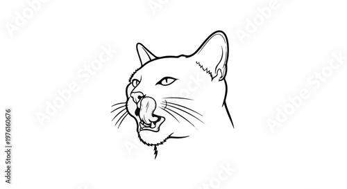 Black and white sketch of a cat licking its lips with its tongue out