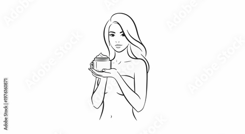A woman with flowing hair holds a jar of cosmetic cream