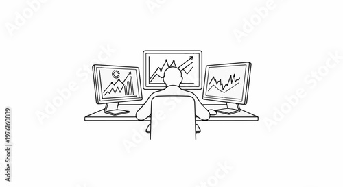 Person sitting at a desk with three monitors displaying stock market graphs
