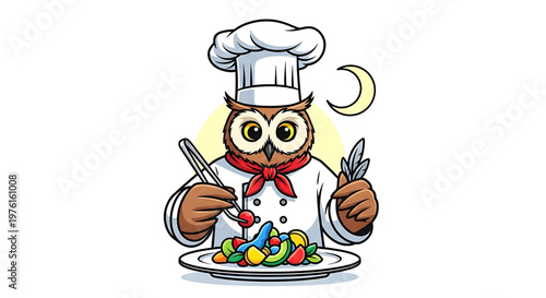 A cartoon owl chef holding a plate of colorful food and utensils in a whimsical illustration
