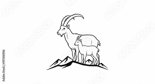 A stylized black and white drawing of two goats and mountains