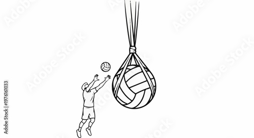 Athlete jumps to hit a volleyball suspended in a net