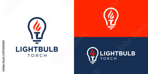 Creative simple lightbulb torch logo template. Light bulb lamp with torch fire flame symbol logo design vector illustration.
