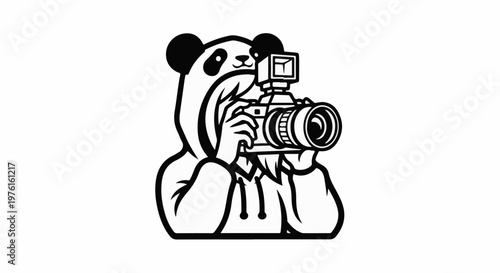 Panda wearing a hoodie takes a photo with a professional camera