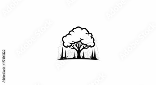 Silhouette of a large deciduous tree with branches against a forest