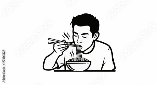 Person eating noodles with chopsticks from a bowl, steam rising