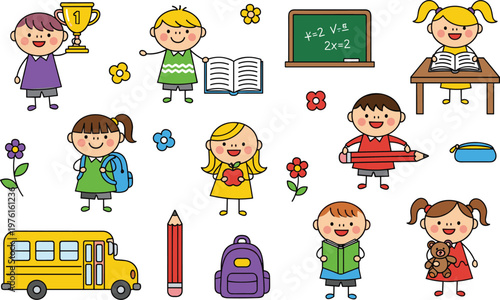 Cute School Kids Doodle Illustration Set with Students Bus Backpack Pencil Blackboard Trophy and Education Elements Cartoon Vector Collection