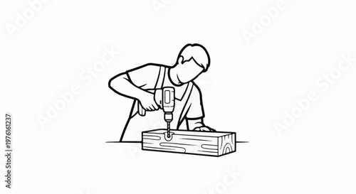 Person using a power drill to make a hole in a wooden plank