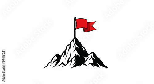 Red flag atop a black and white mountain peak, signifying achievement