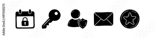 Set of hand-drawn black security and communication icons including a locked calendar, key, protected user profile, envelope, and favorite star on a white background.