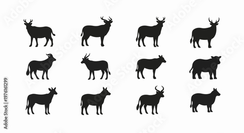 Silhouette collection of diverse farm and wild horned mammals