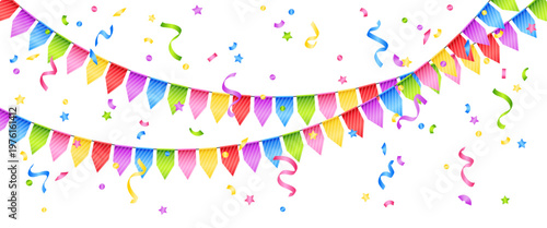 Vector colorful bunting isolated on a transparent background. Bright festive garland with confetti. Element of holiday decor for card, invitation, banner or background.