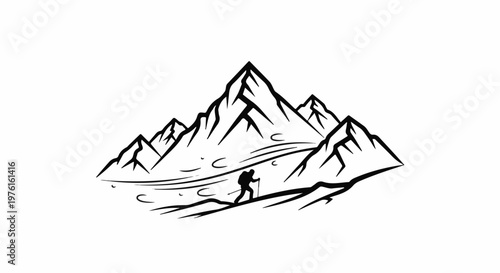 Silhouette of a hiker ascending a snowy mountain under jagged peaks
