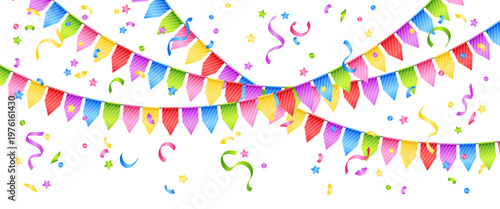 Vector colorful bunting isolated on a transparent background. Bright festive garland with confetti. Element of holiday decor for card, invitation, banner or background.