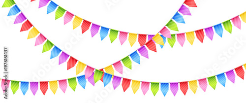 Vector colorful bunting isolated on a transparent background. Bright festive garland with confetti. Element of holiday decor for card, invitation, banner or background.