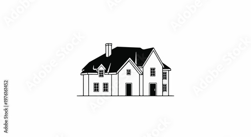 Simple black and white drawing of a detached, two-story house with a dark roof
