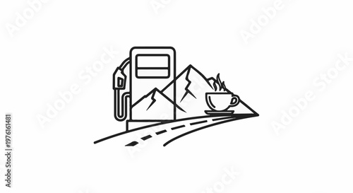 A road leads past mountains to a gas pump and coffee