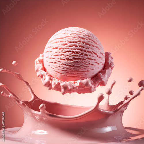 Strawberry ice cream scoop splashing in creamy pink liquid on pink background
