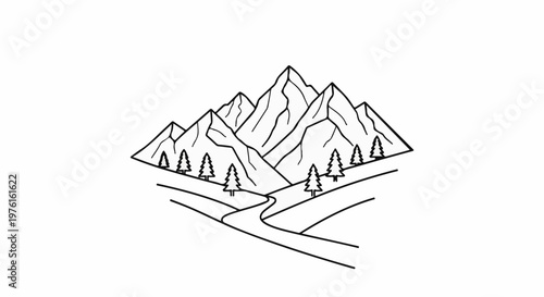 Stylized line art of majestic mountains with a winding path and scattered evergreen trees