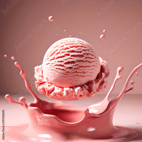 Strawberry ice cream scoop splashing in creamy pink liquid on pink background