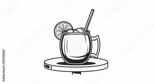 A black and white line art illustration of a metallic mug filled with ice, a straw, and a citrus slice