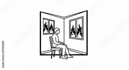 Person seated in room corner, with fires visible through two windows
